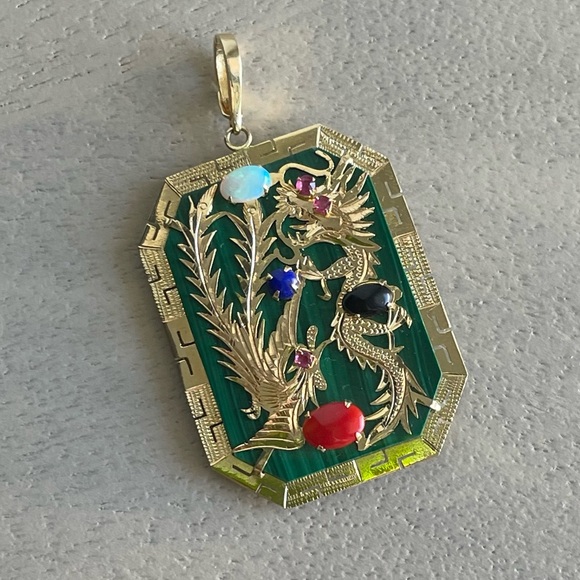 🐲14K Solid Gold Lucky Dragon🐲 Malachite, Opal, Onyx, Ruby, Lapis Charm Pendant - Picture 3 of 9